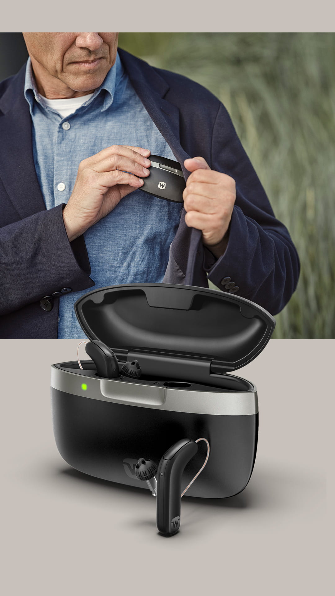 Man putting Widex portable hearing aid charger in his jacket pocket