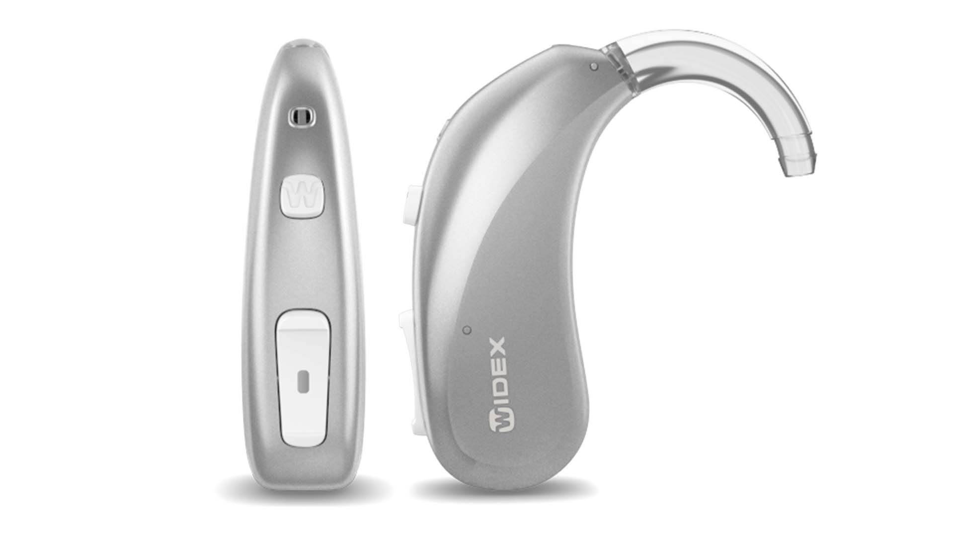 Widex Moment BTE R D hearing aid in Silver Grey